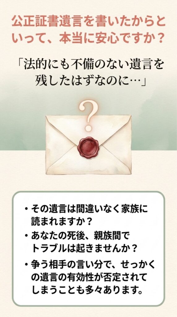法律相談、法律判断、遺言書の法的作成代理、登記・税務手続き等は行っておりません。必要に応じて司法書士・弁護士・税理士などの専門家をご紹介いたします。