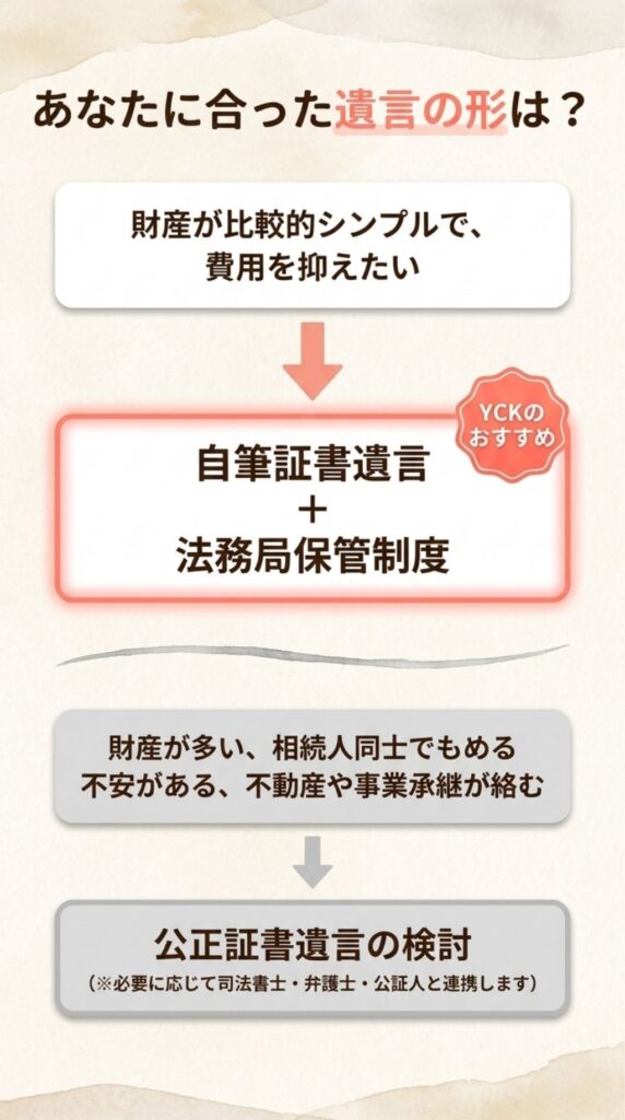 公正証書遺言を検討し、必要に応じて司法書士・弁護士・公証人と連携